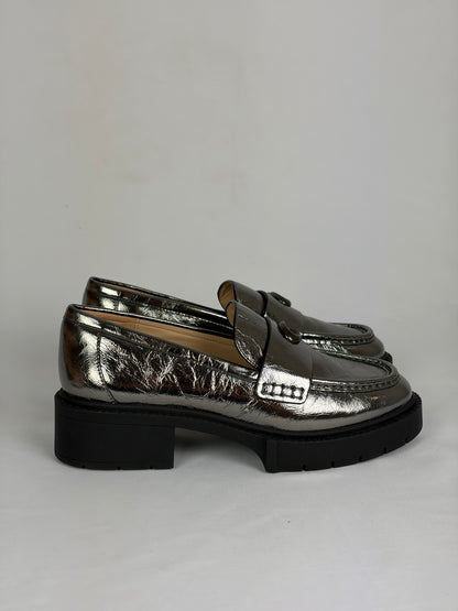 Coach Metallic Silver Leather C Hardware Loafers - 4.5 UK