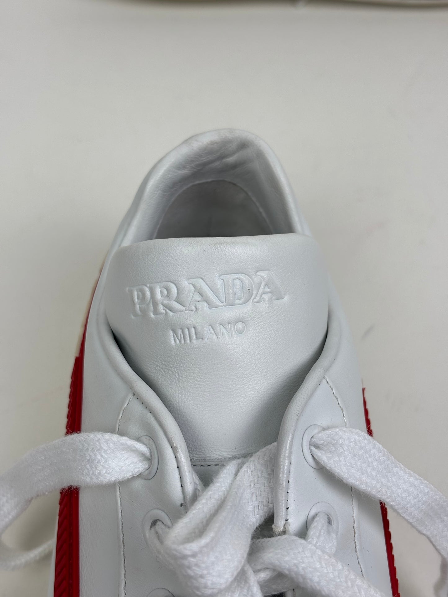 Prada Vitello Soft Leather Lace-Up Trainers White and Red - 5 UK