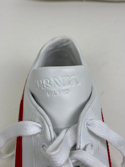 Prada Vitello Soft Leather Lace-Up Trainers White and Red - 5 UK