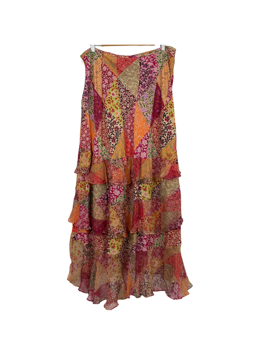 RIXO Patchwork Ruffle Tiered Skirt, Multicolour - 16 UK