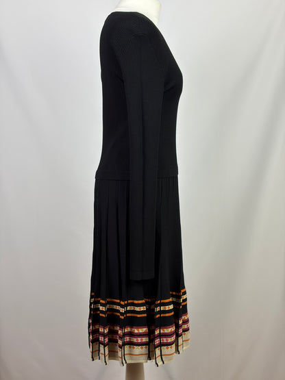 Red Valentino Black Knit Dress with Pleated Patterned Hem - XL