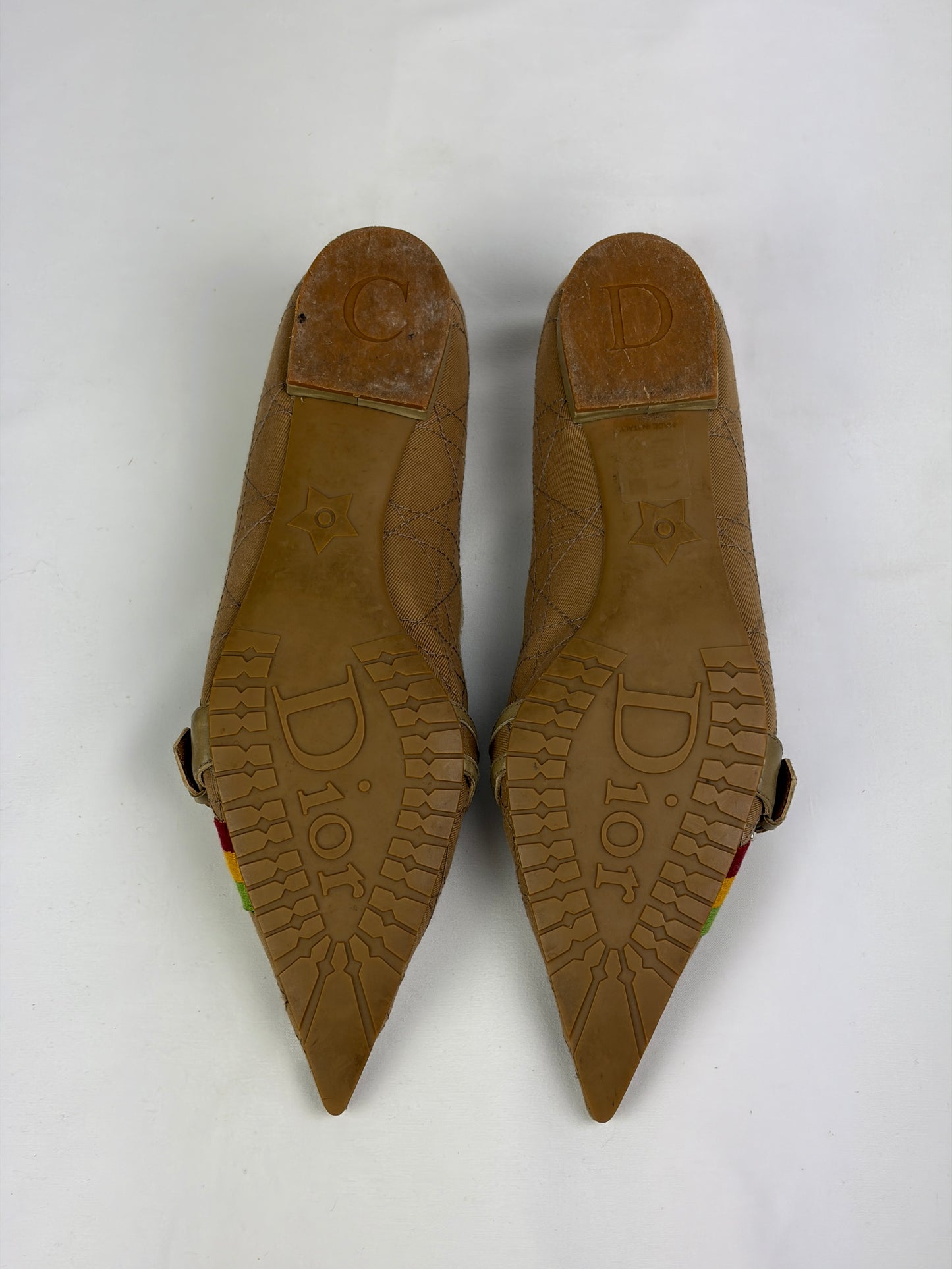 Dior Cannage Beige Pointed Flats with Buckle & Striped Detail - 6 UK