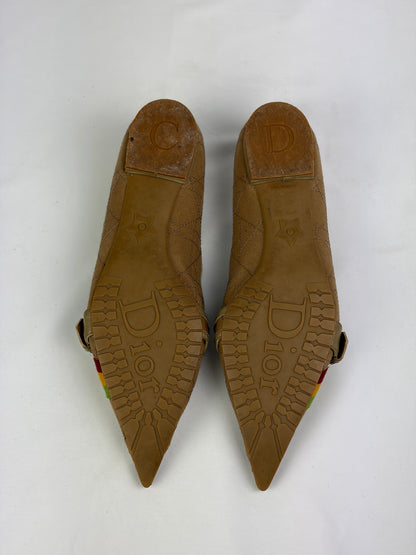 Dior Cannage Beige Pointed Flats with Buckle & Striped Detail - 6 UK