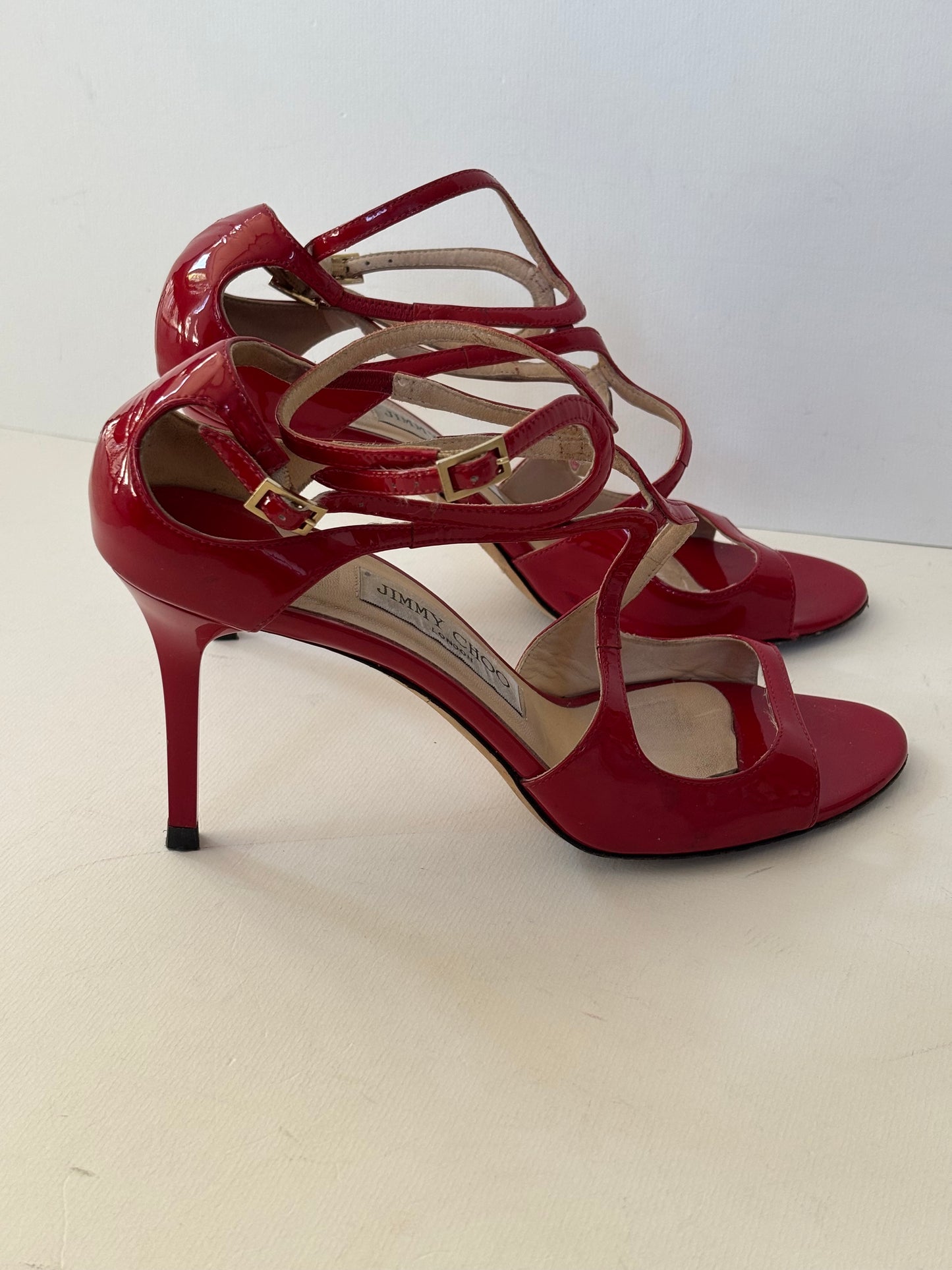 Jimmy Choo Lancer Patent Leather Strappy Sandals in Red - 5 UK