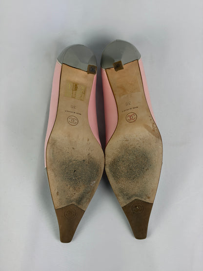 Chanel Pink and Grey Leather Heels - 6 UK