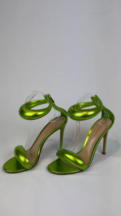 Gianvito Rossi Lime Green Metallic Leather Heeled Sandals - 4.5 UK