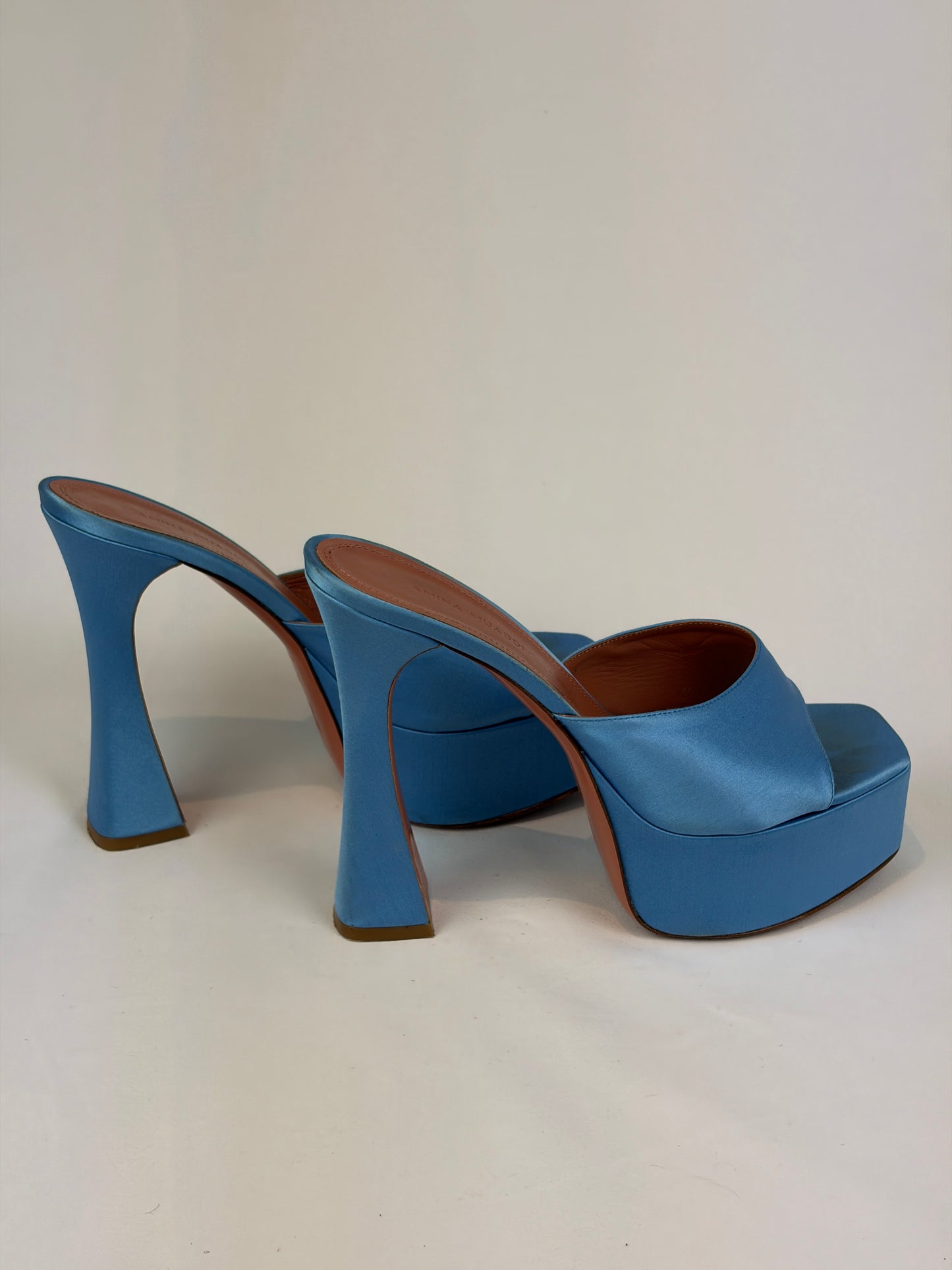 Amina Muaddi Blue Satin Platform Heeled Mules Price - 5.5 UK