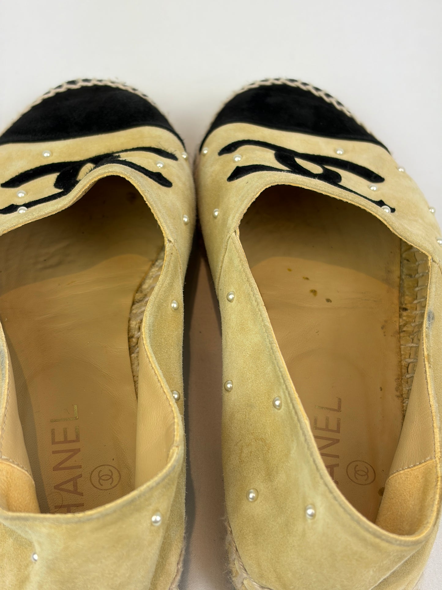 Chanel Beige Suede Pearl Embellished CC Espadrilles - 6 UK