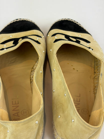 Chanel Beige Suede Pearl Embellished CC Espadrilles - 6 UK