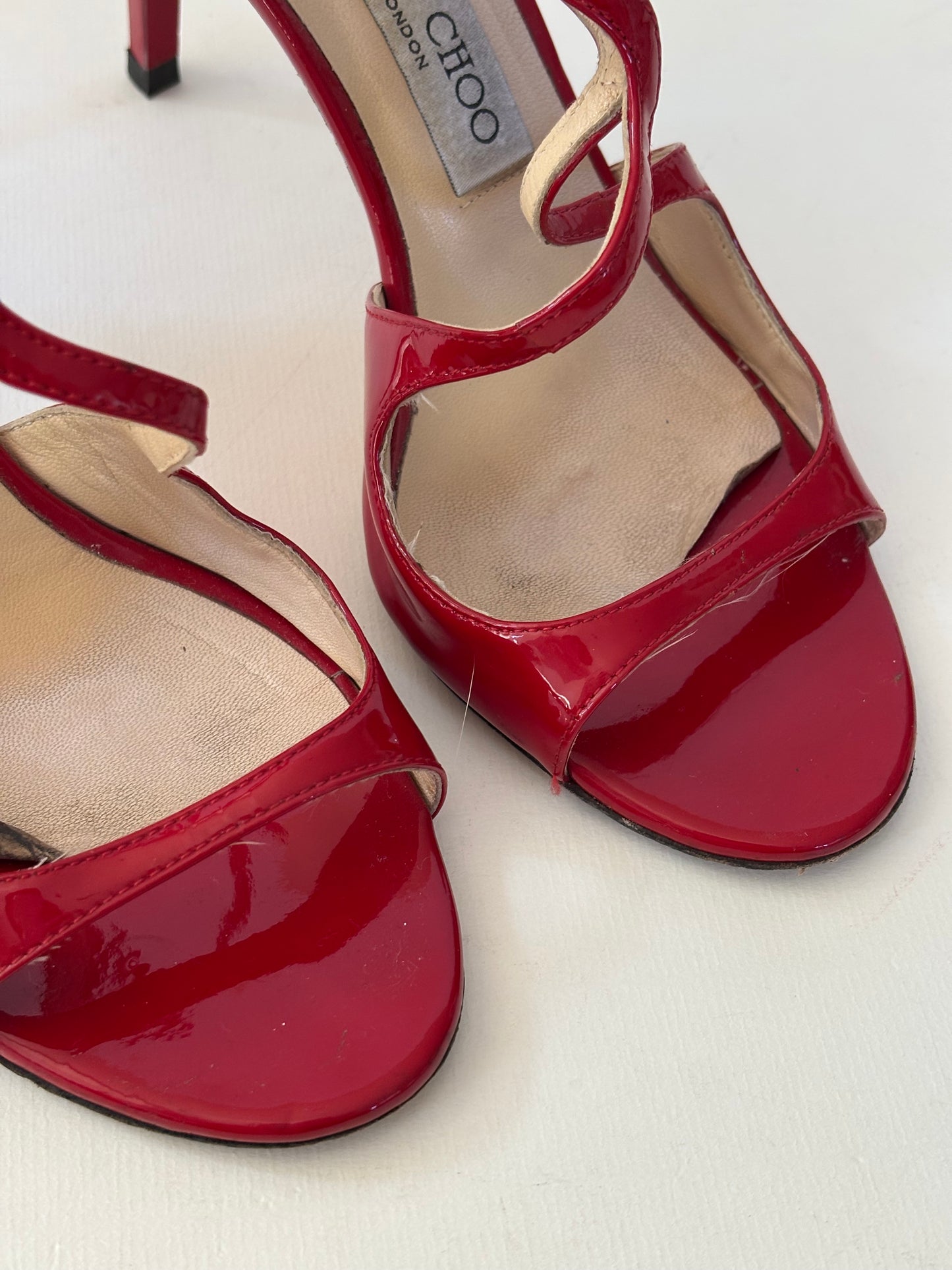 Jimmy Choo Lancer Patent Leather Strappy Sandals in Red - 5 UK