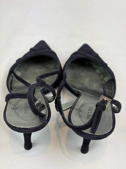 Prada Black Suede Strappy Slingback Heels - 5 UK