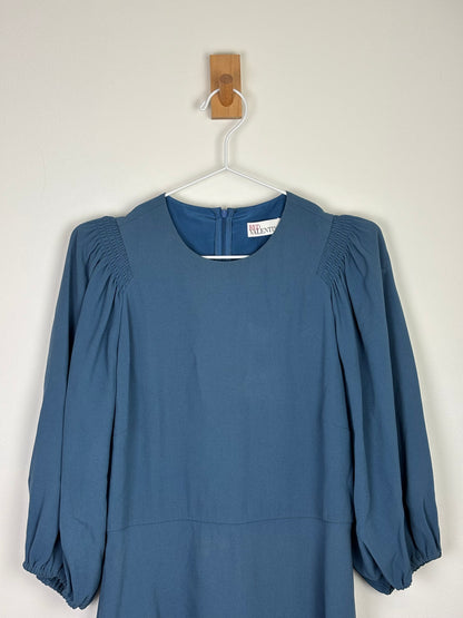 RED Valentino Smocked Puff-Sleeve Midi Dress in Petrol Blue Acetate-Viscose - 10 UK