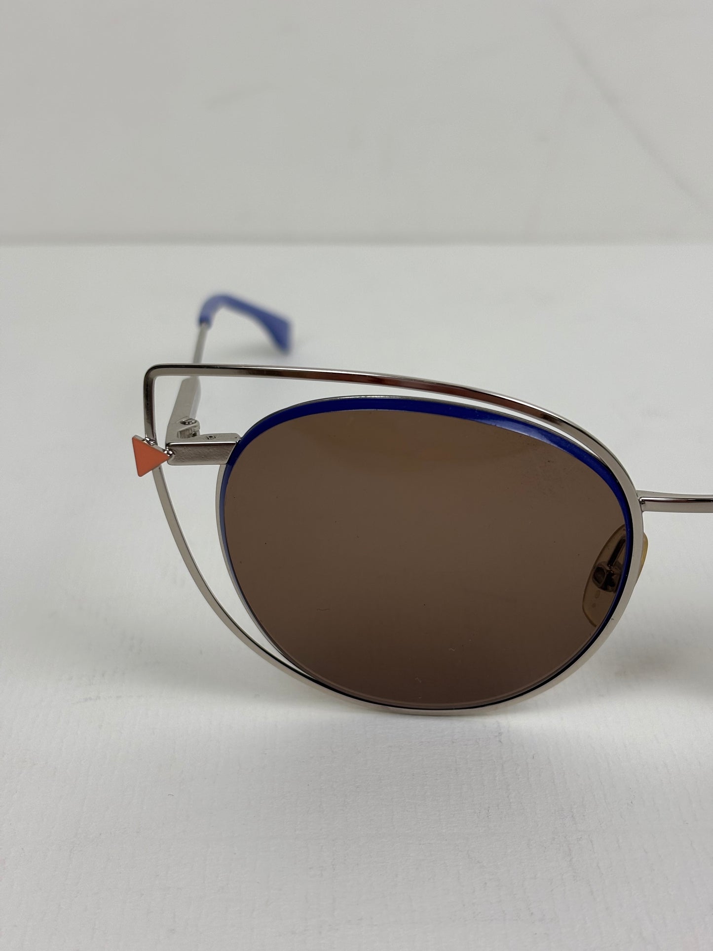 Fendi Eyeshine Round Metal Sunglasses with Blue Cat-Eye Frame Detail