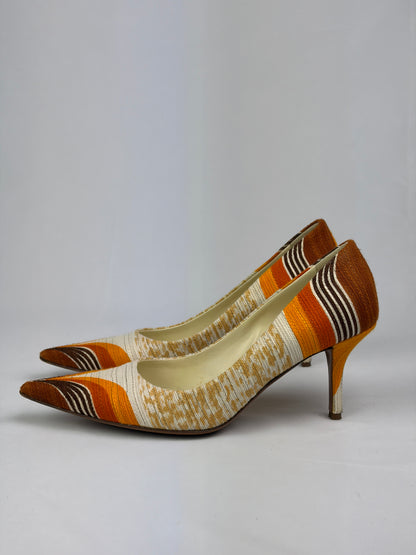 Miu Miu Multicolour Fabric Pointed-Toe Pumps, Orange/Brown/Beige — 5 UK