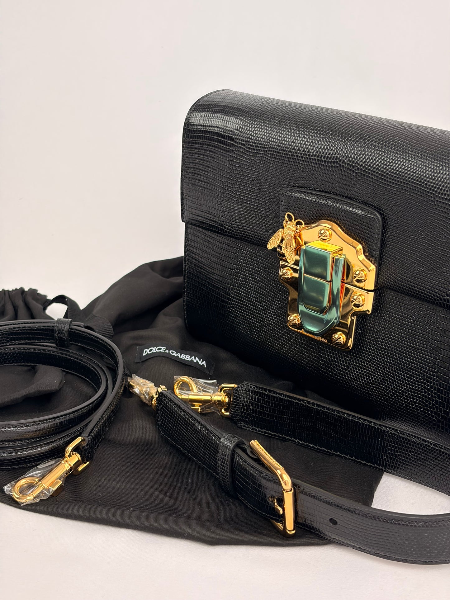 Dolce & Gabbana Lucia Black Iguana Embossed Leather Crossbody Bag