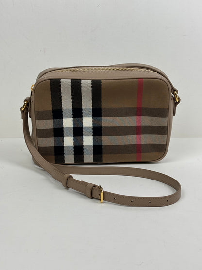 Burberry Check Camera Bag in Chestnut Beige Leather and Canvas