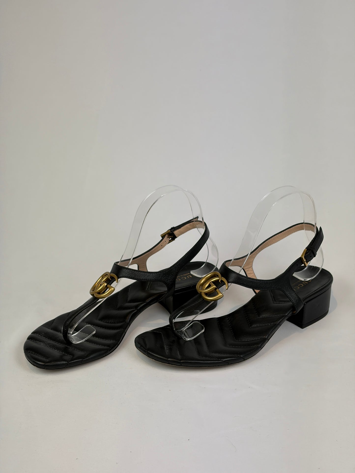 Gucci Marmont Black Leather Double G Buckle Flat Sandals - 5 UK