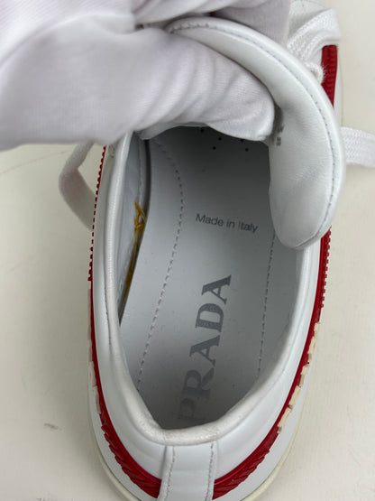 Prada Vitello Soft Leather Lace-Up Trainers White and Red - 5 UK