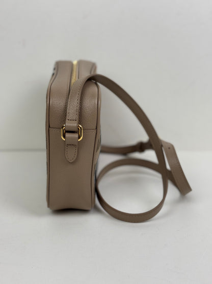 Burberry Check Camera Bag in Chestnut Beige Leather and Canvas