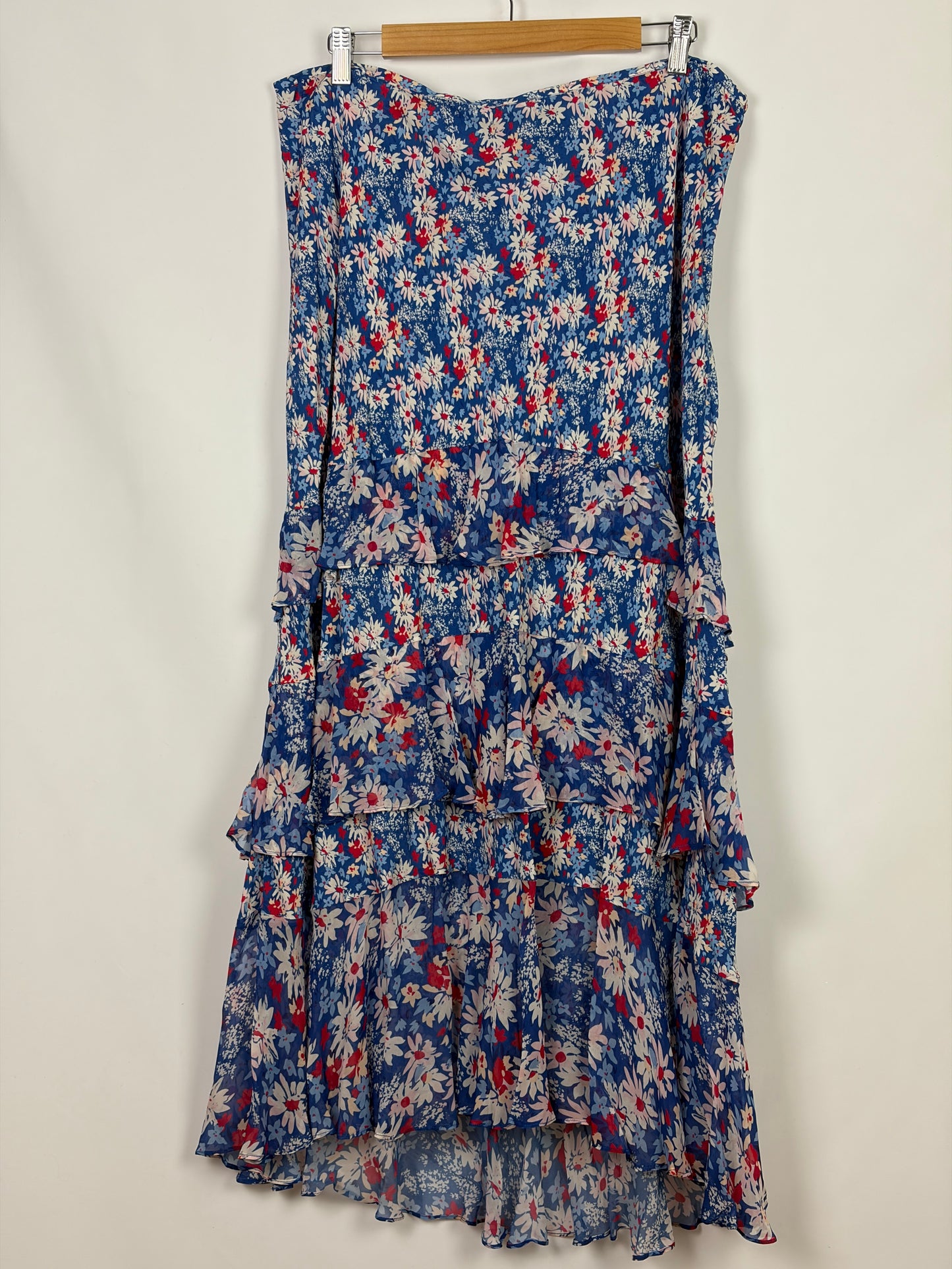 RIXO Floral Ruffle Tiered Skirt, Blue/White/Red - 16 UK