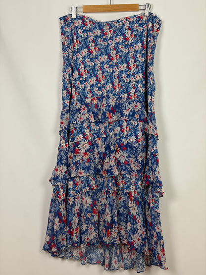 RIXO Floral Ruffle Tiered Skirt, Blue/White/Red - 16 UK