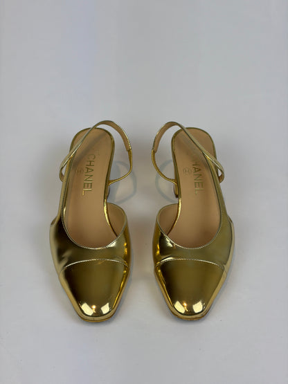Chanel Gold Metallic Leather Slingback Block Heel Pumps - 5.5 UK