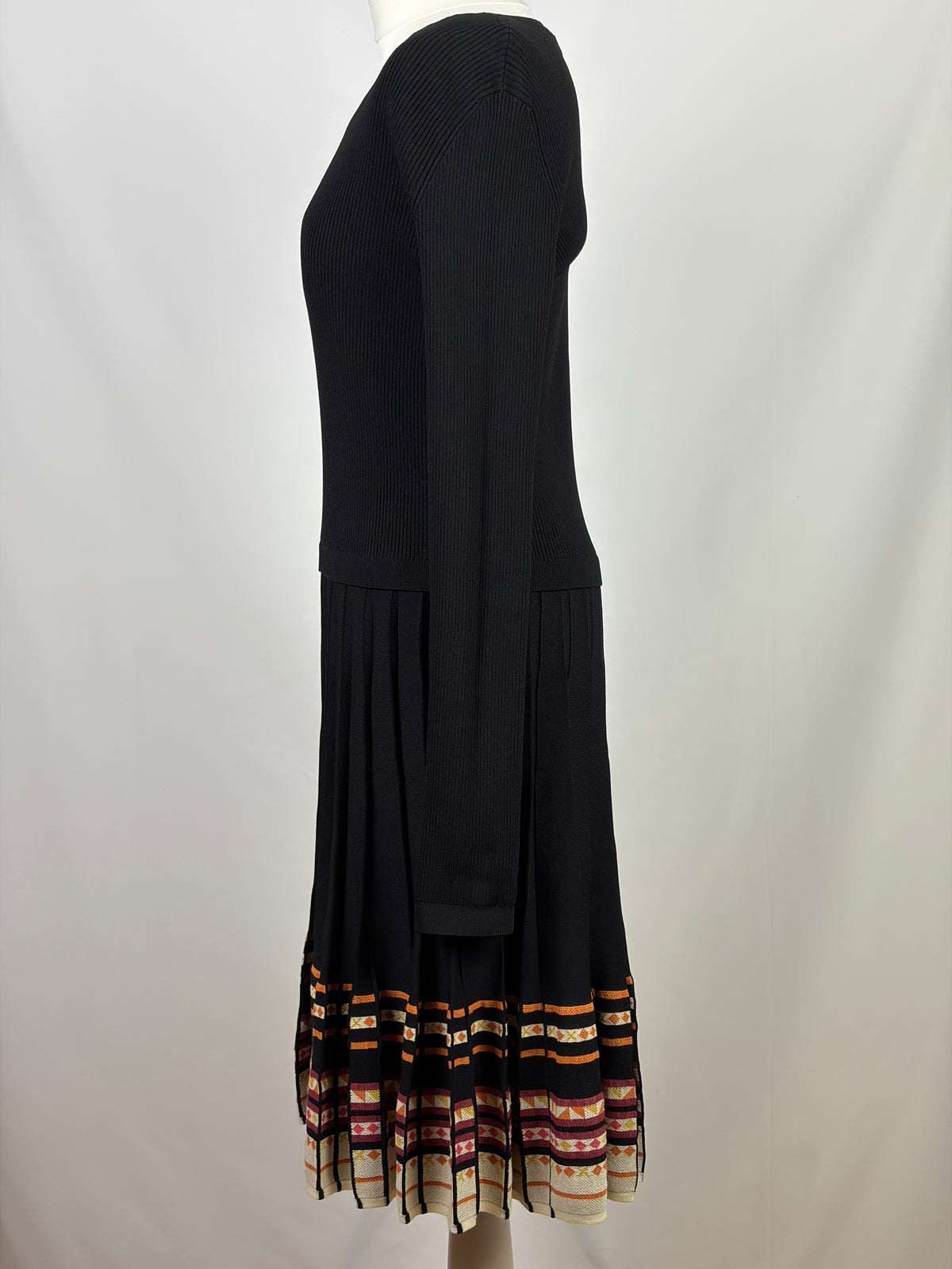 Red Valentino Black Knit Dress with Pleated Patterned Hem - XL