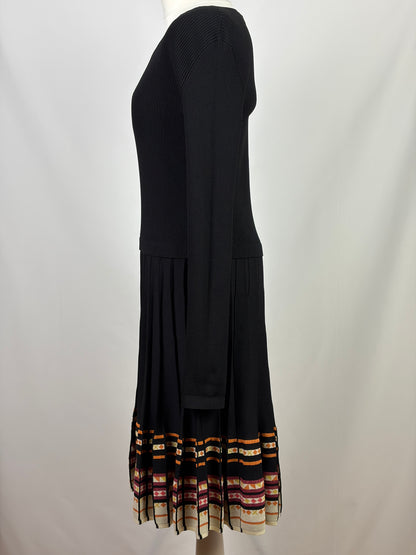 Red Valentino Black Knit Dress with Pleated Patterned Hem - XL