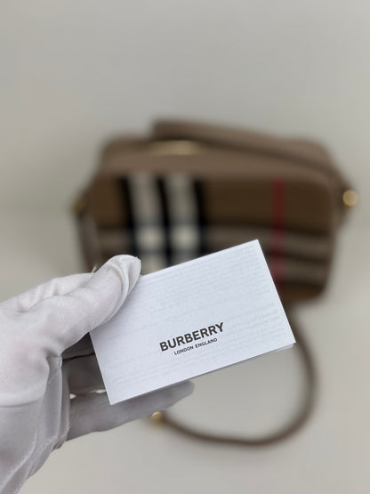 Burberry Check Camera Bag in Chestnut Beige Leather and Canvas