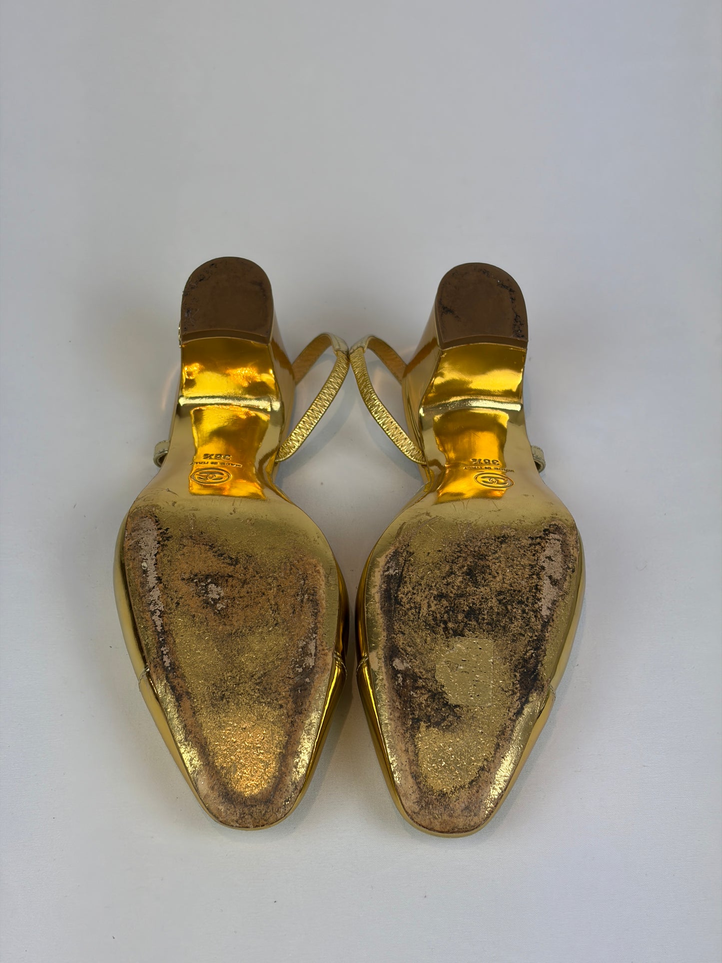Chanel Gold Metallic Leather Slingback Block Heel Pumps - 5.5 UK