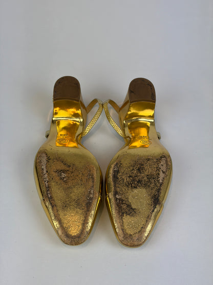 Chanel Gold Metallic Leather Slingback Block Heel Pumps - 5.5 UK