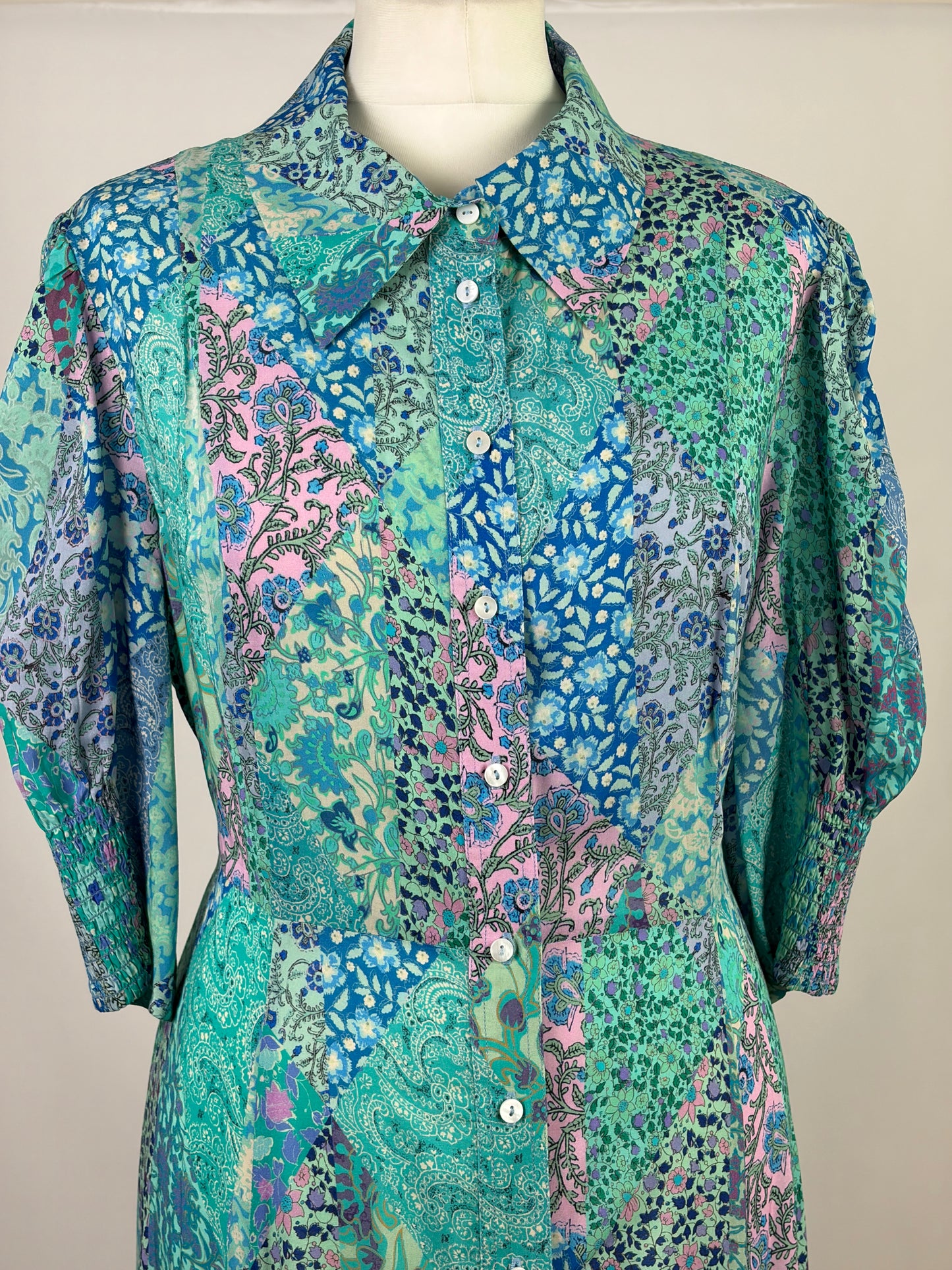 RIXO Blue and White Patchwork Floral Silk Shirt Dress - 16 UK