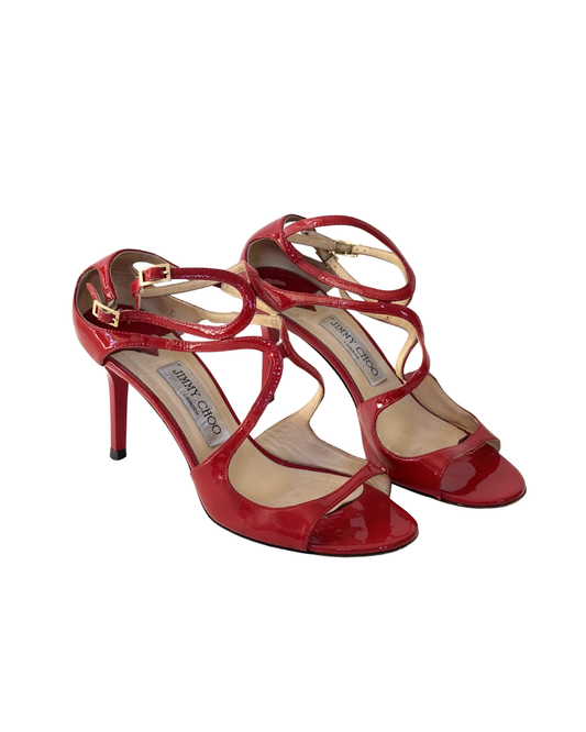 Jimmy Choo Lancer Patent Leather Strappy Sandals in Red - 5 UK