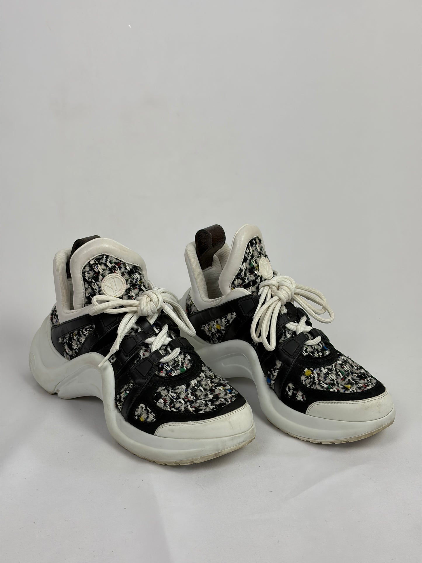 Louis Vuitton LV Archlight sneakers black and
white tweed-like fabric overlay
