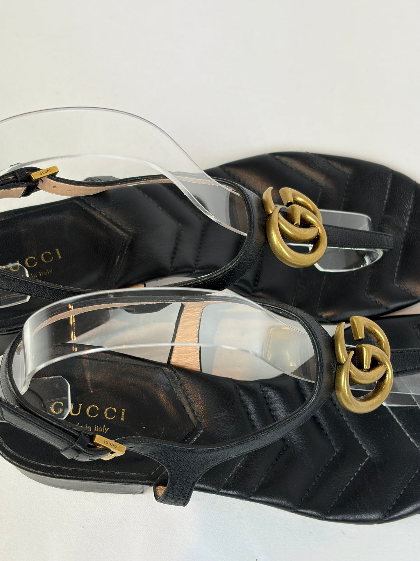 Gucci Marmont Black Leather Double G Buckle Flat Sandals - 5 UK