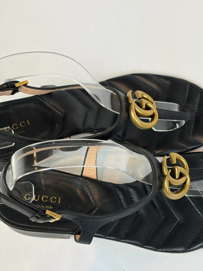 Gucci Marmont Black Leather Double G Buckle Flat Sandals - 5 UK