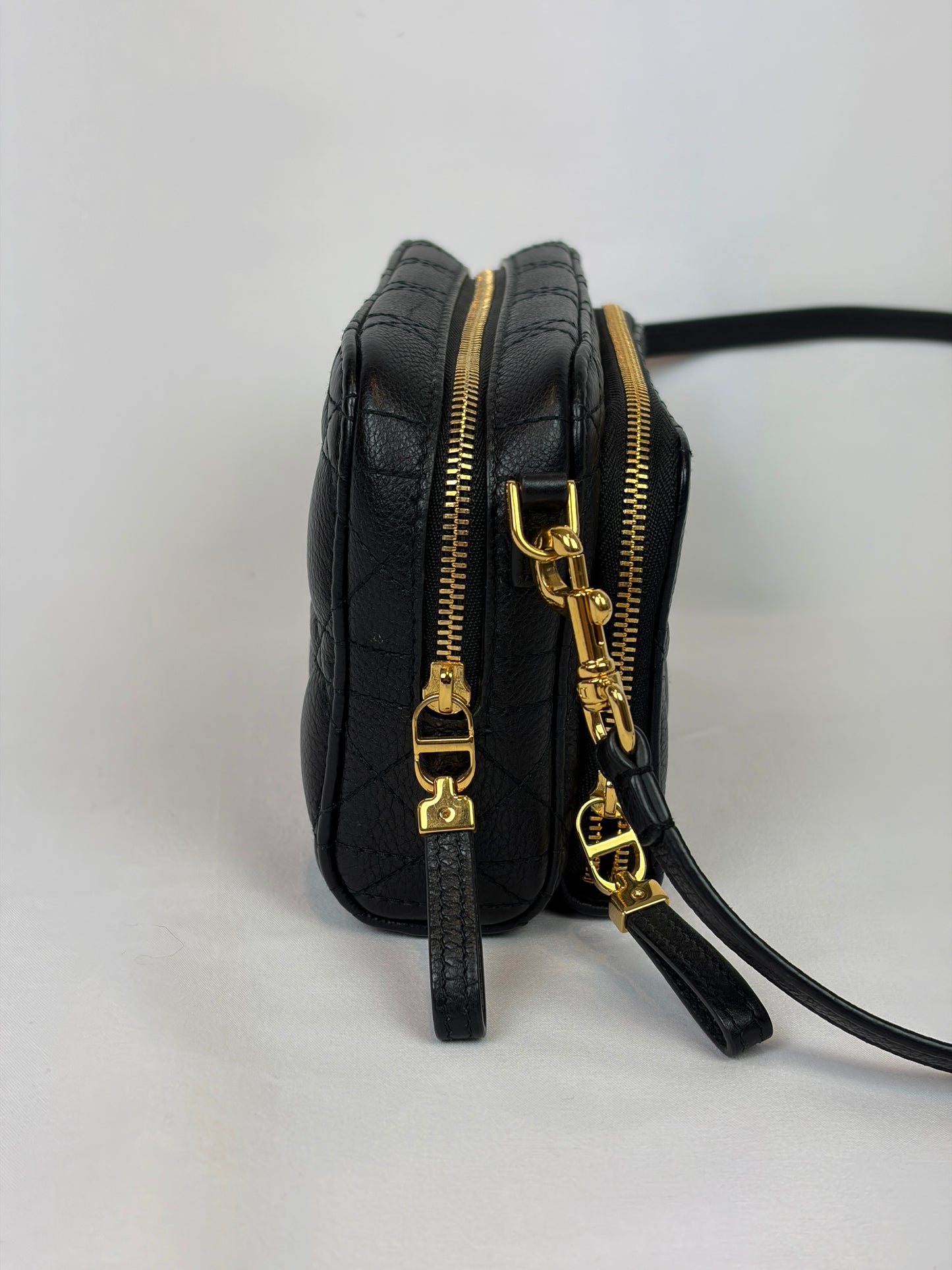 Christian Dior Black Cannage Leather Caro Double Pouch Crossbody Bag