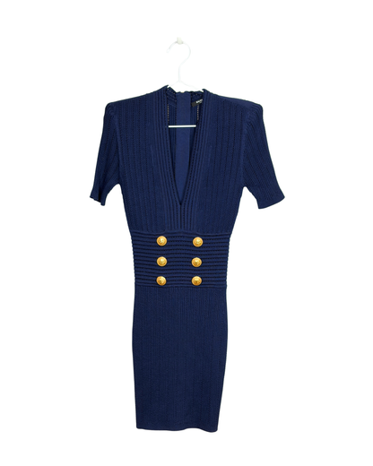 Balmain Navy Blue Ribbed Knit Short Sleeve Dress - 8 UK