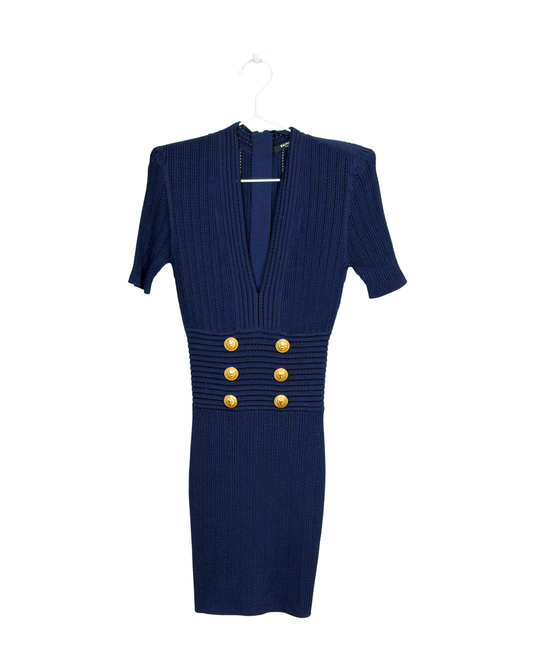 Balmain Navy Blue Ribbed Knit Short Sleeve Dress - 8 UK