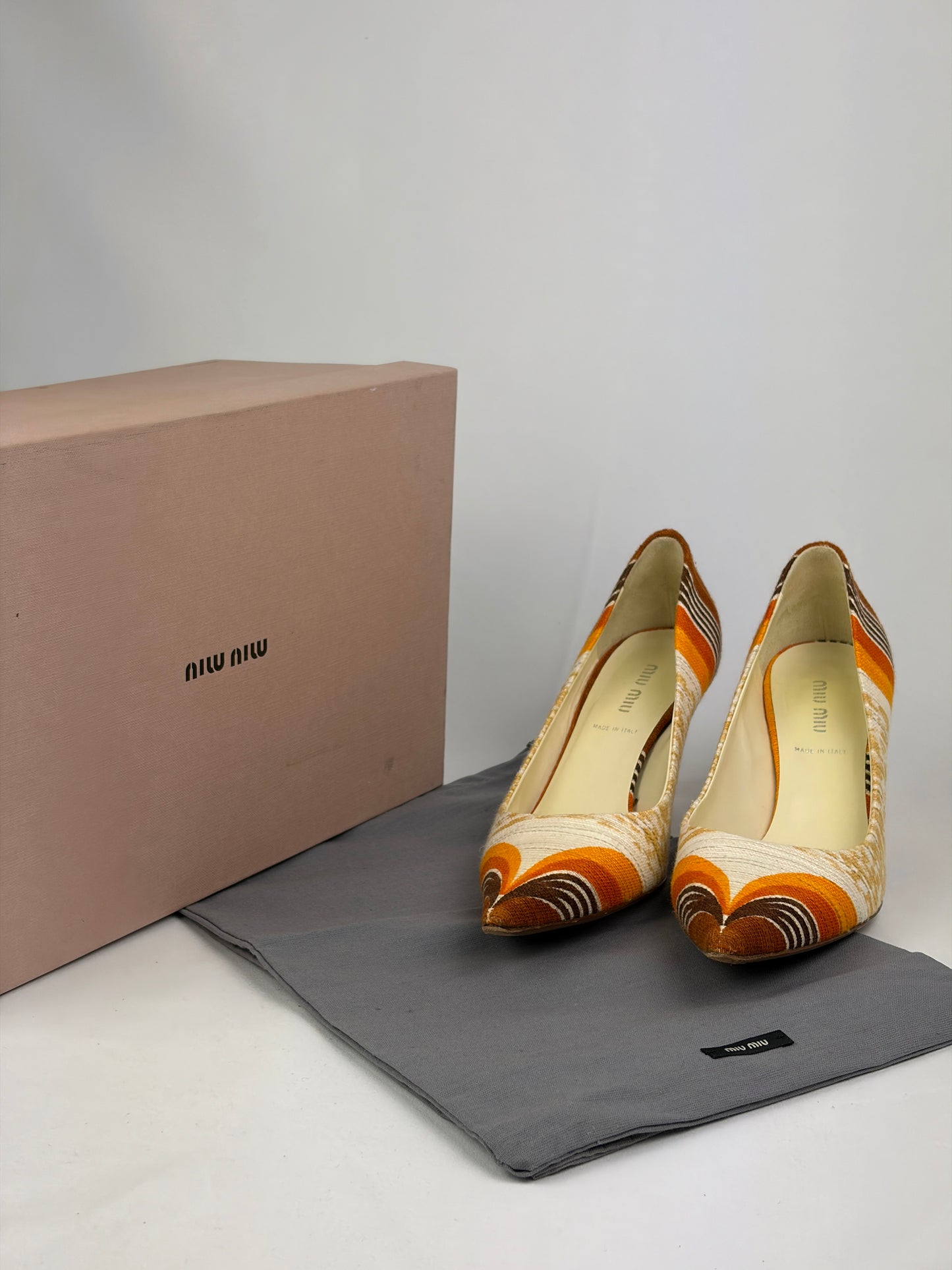Miu Miu Multicolour Fabric Pointed-Toe Pumps, Orange/Brown/Beige — 5 UK