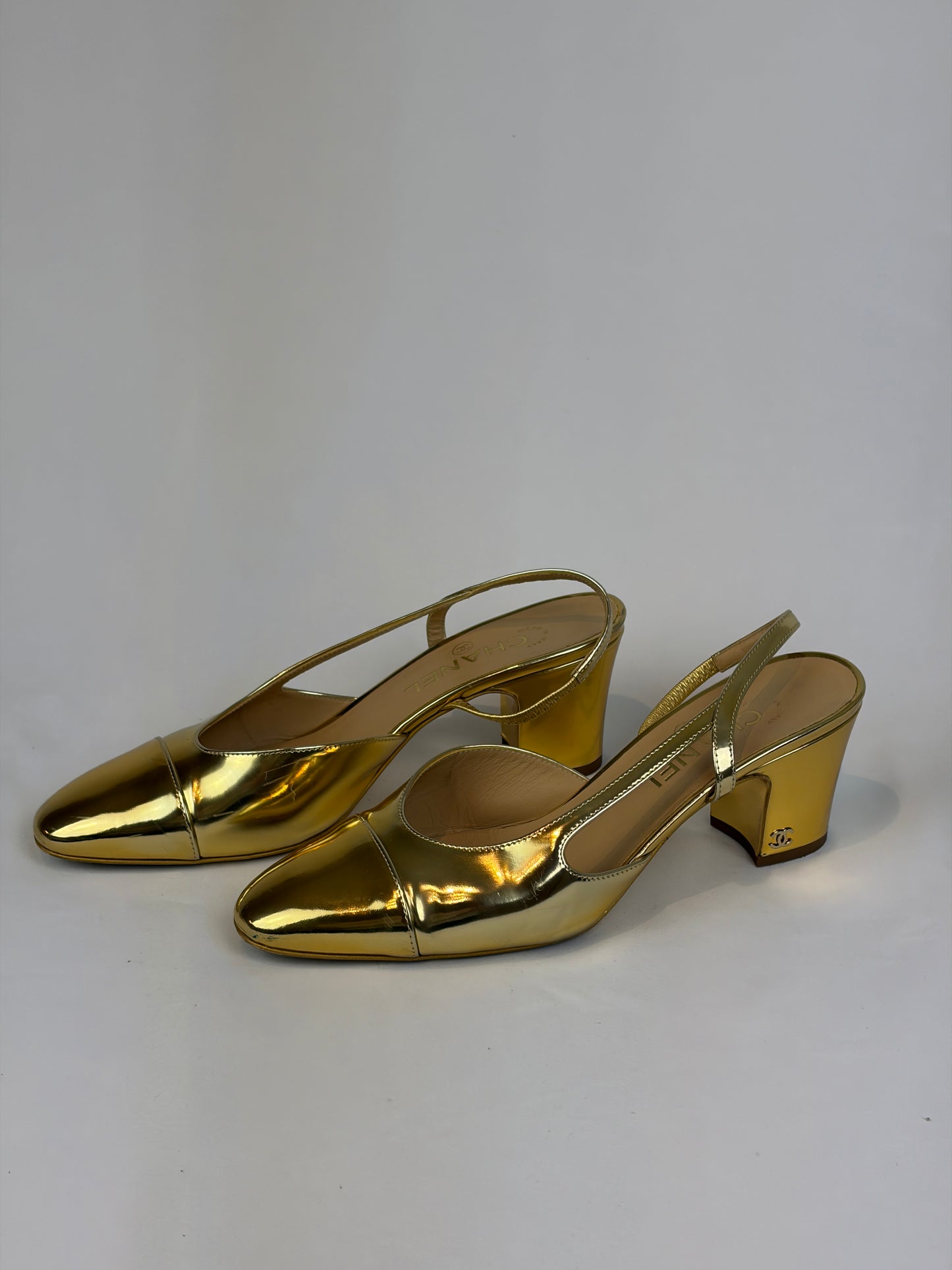 Chanel Gold Metallic Leather Slingback Block Heel Pumps - 5.5 UK