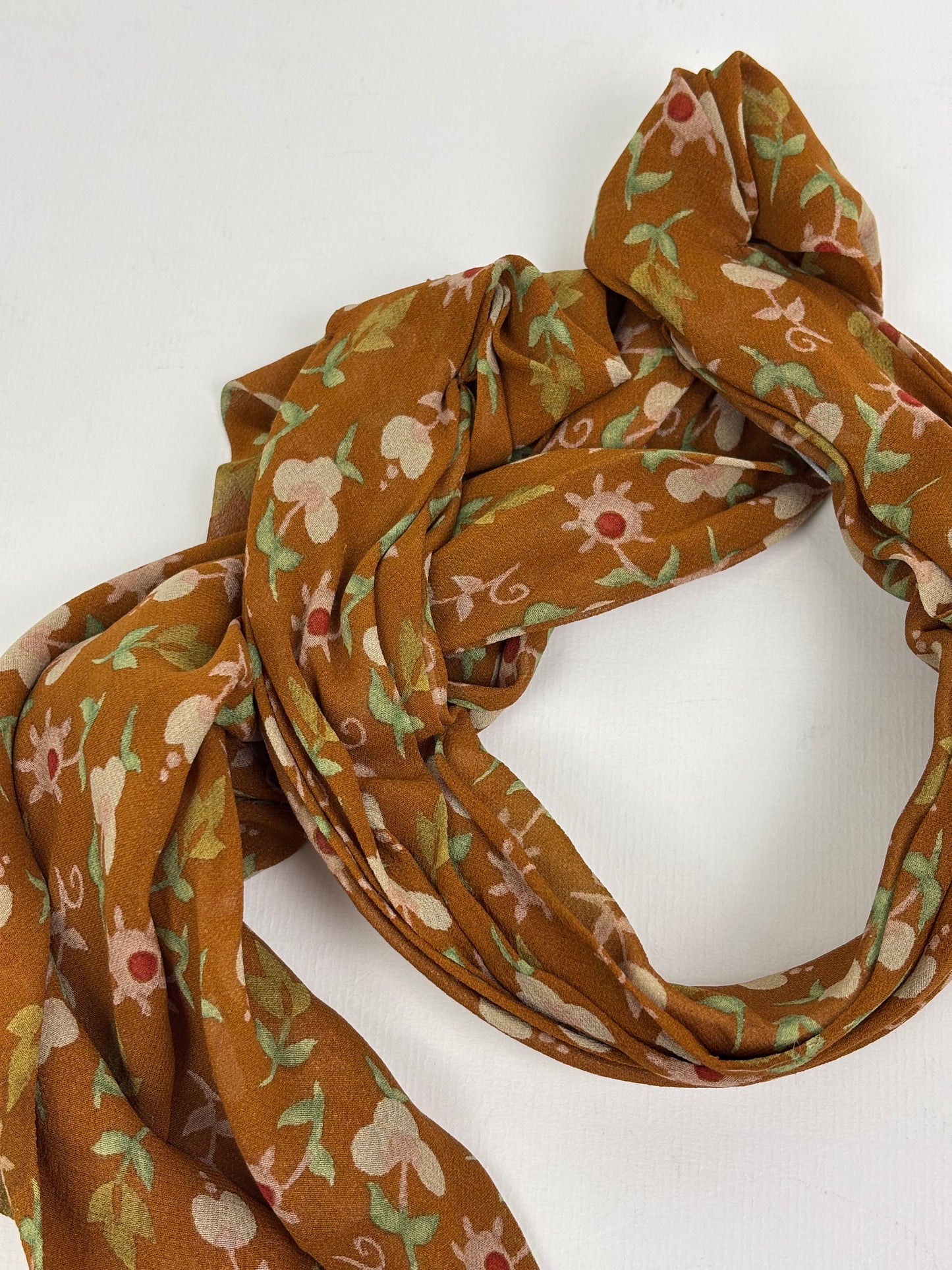 Christian Dior Vintage Floral Print 100% Silk Scarf in Ochre Brown & Sage Green