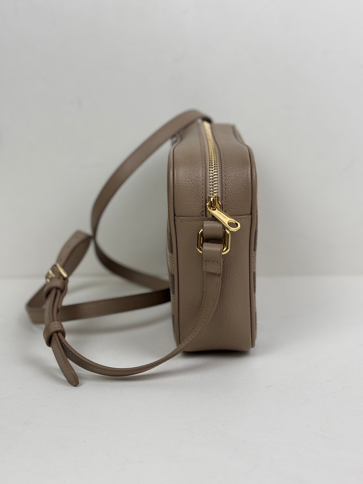 Burberry Check Camera Bag in Chestnut Beige Leather and Canvas