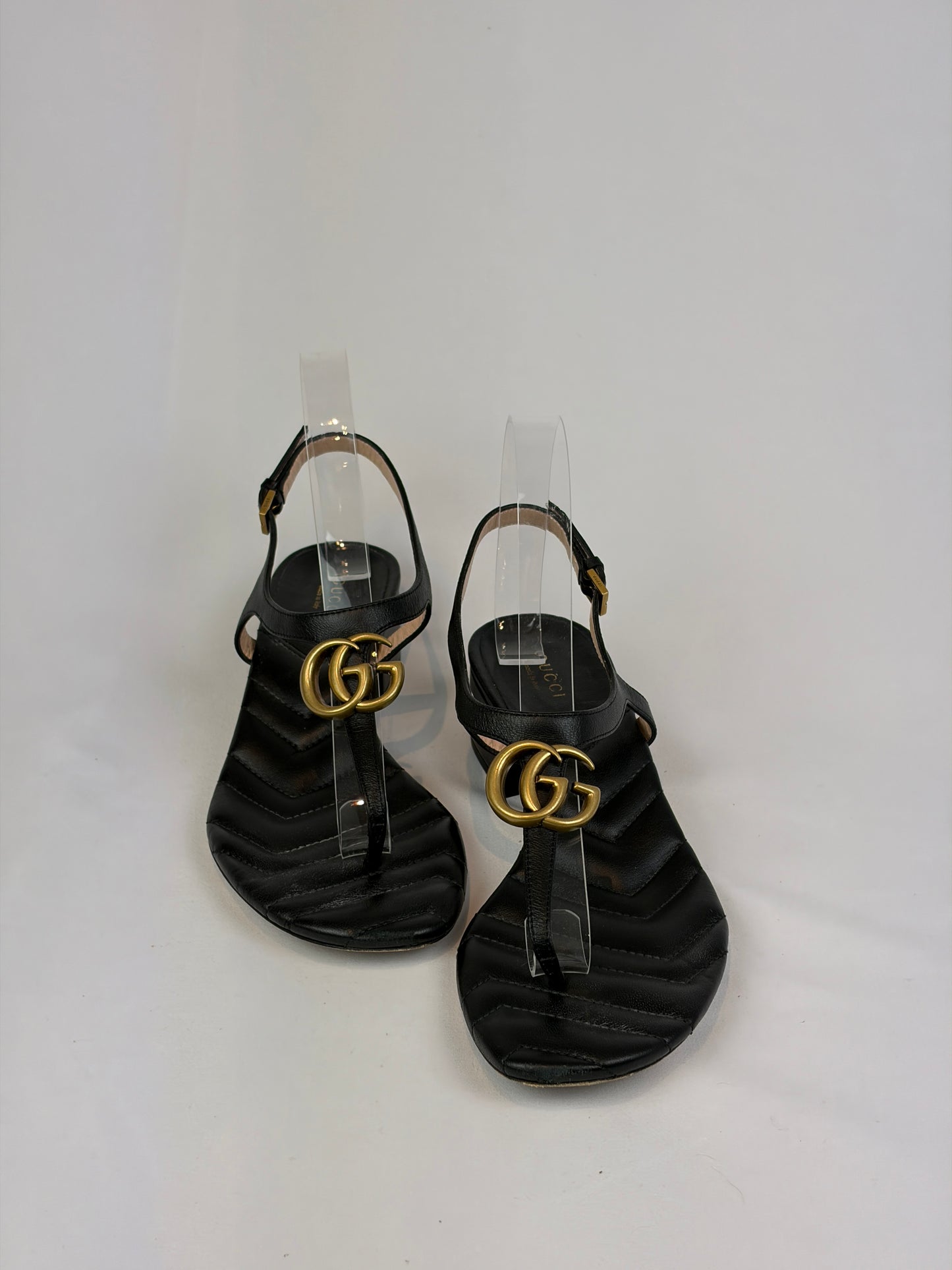 Gucci Marmont Black Leather Double G Buckle Flat Sandals - 5 UK