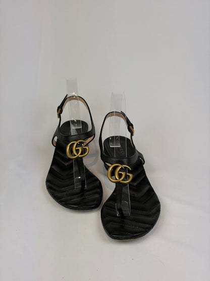 Gucci Marmont Black Leather Double G Buckle Flat Sandals - 5 UK