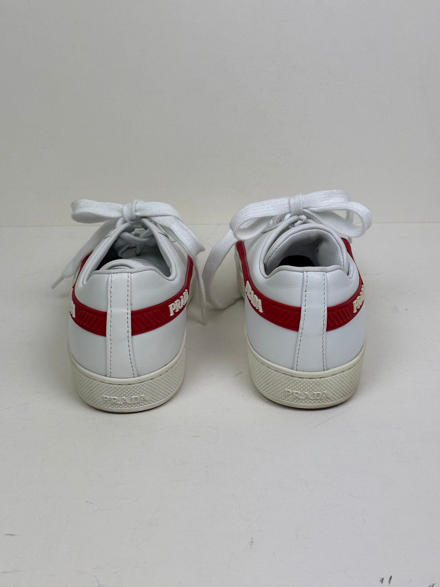 Prada Vitello Soft Leather Lace-Up Trainers White and Red - 5 UK