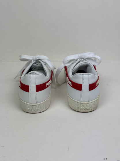 Prada Vitello Soft Leather Lace-Up Trainers White and Red - 5 UK