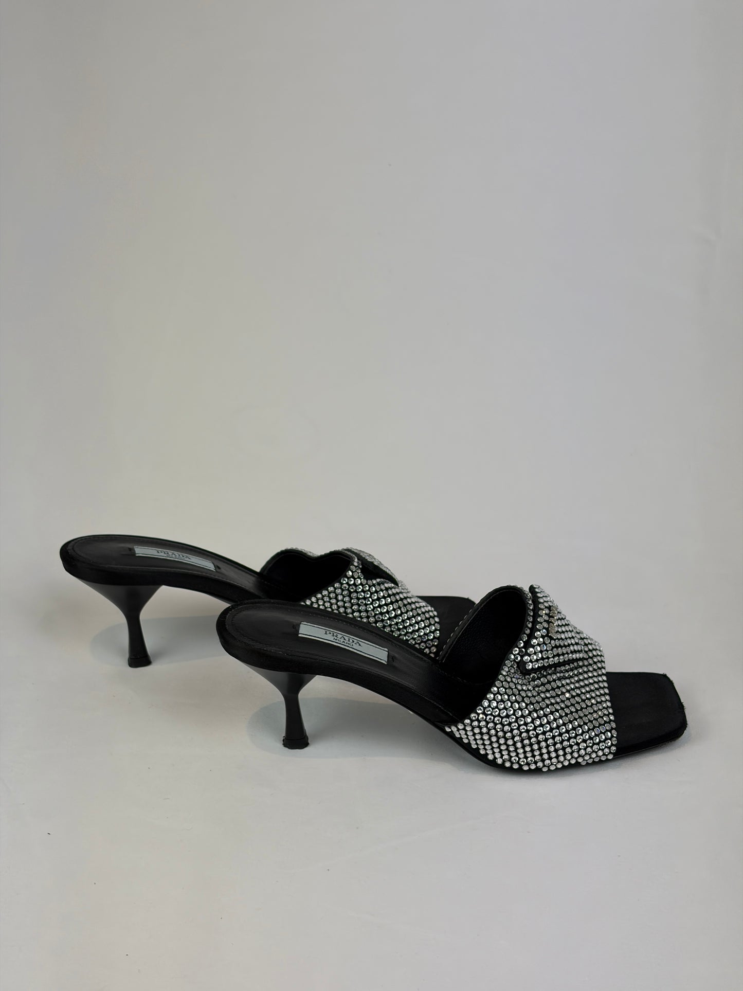 Prada Black Satin Crystal Embellished Kitten Heel Mules - Size 5 UK