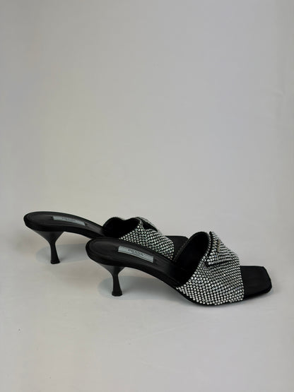 Prada Black Satin Crystal Embellished Kitten Heel Mules - Size 5 UK