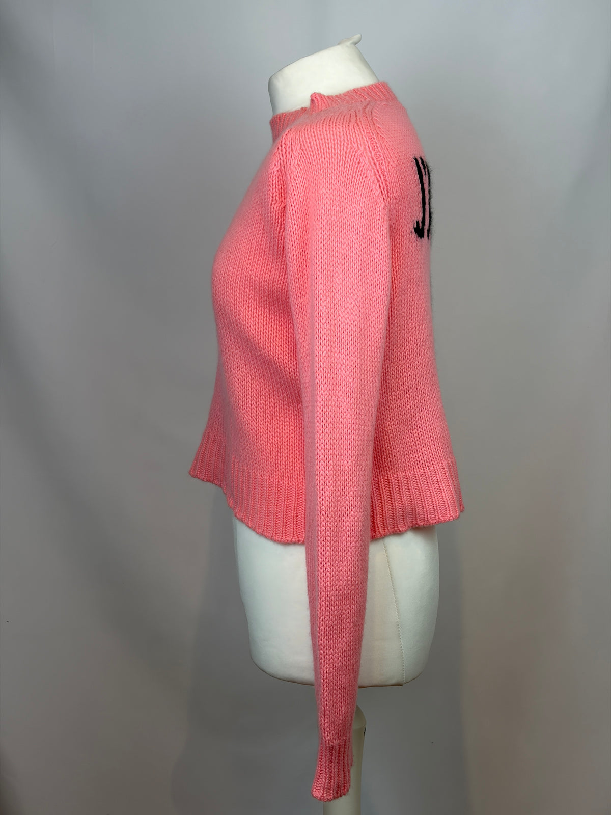 A pink knit cropped sweater displayed on a white mannequin torso, shown from the side against a plain light gray background. A black embroidered letter 'J' is visible on the upper back.